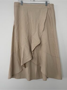 Westport Linen Blend Skirt Women 1X Beige Wrap Asymmetrical Ruffle Midi High Lo